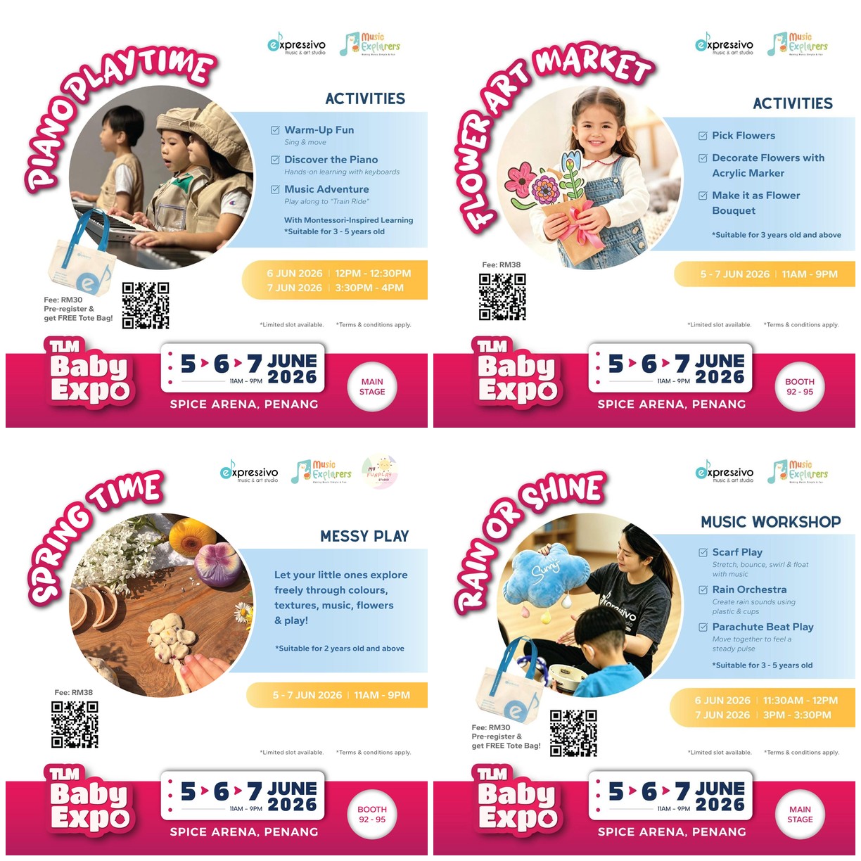 All four TLM Baby Expo 2026 activities by Expressivo — Piano Playtime, Flower Art Market, Spring Time Messy Play, Rain or Shine